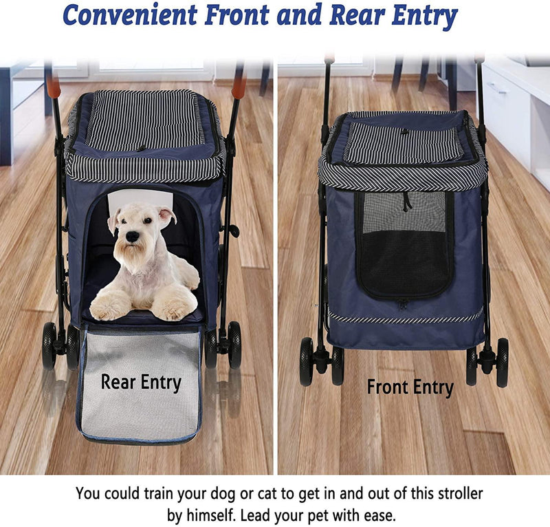 Foldable Large Pet Wagon Cat & Dog Stroller Travel Carriage, Navy