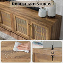 JYED Mid Century Modern TV Stand for TVs up to 75 Inch, with Hollow Metal Mesh Decorated，Boho TV Console with Storage Cabinet,Cable Holes, TV Stand for Living Room, 69.5"x15.6"x24.8", Rustic by CozyNest Decor
