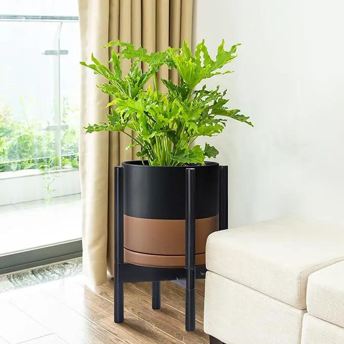 D'vine Dev Ceramic Planter with Ebony Stand - 10 Inch Modern Round Flower Pot with Wood Planter Holder, Black/Speckled Tan, 55-B-L-7, photo 2 of 6
