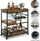 Bar Cart for The Home, 3 Tire Industrial Rolling Serving Cart on Lockable Wheels, Alcoholic Beverage Trolley with 2 Removable Trays, Wine Rack and Glass Holder for Indoor, Outdoor by CozyNest Decor