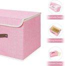 ANMINY 2PCS Storage Bins with Lid PU Leather Handles Storage Boxes PP Plastic Board Decorative Foldable Lidded Cotton Linen Fabric Home Cubes Baskets Closet Organizer Containers - Pink, Large Size by CozyNest Decor