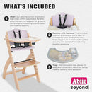 Abiie Beyond Junior Wooden High Chair with Tray - Adjustable and Convertible High Chair for Babies and Toddlers - 6 Months to 250 Lb - Water Resistant - Natural Wood with Lilac Cushion by TinyTreasures Baby Boutique