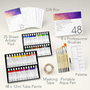 CHROMATEK Watercolor Paint Set - 84 Piece Kit for Adults, Beginner & Professional Artists - 48 Tubes (12ml), 25 Page Sketch Paper Pad, 8 Painting Brushes, Aquapen, Palette, Masking Tape - Art Supplies by TinyTreasures Baby Boutique