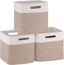 OIAHOMY Cube Storage Basket, 3-Pack Woven Cotton Rope Baskets, 11-Inch Cube Basket with Handles, Great for Shelves, Closets, Children's Toy Organization - White & Brown by TinyTreasures Baby Boutique