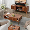 Coffee Table with Storage, Mid Century Dining Table with Sliding Fluted Door and Solid Wood Legs, Small Coffee Tables for Living Room, Walnut by CozyNest Decor