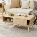 Coffee Table with Storage, Boho Dining Table with Sliding Fluted Door and Solid Wood Legs, Small Coffee Tables for Living Room, Oak by CozyNest Decor