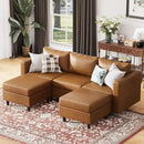 91.5" Faux Leather U Shaped Modular Sectional Sofa, 5 Seater Couch with Movable Ottoman Deep Seat and Storage Seat with Removable Cover for Living Room, Apartment - Brown by CozyNest Decor