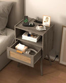 Rattan Nightstand with Outlet,Modern Bedside Table with Storage Drawer and Open Wood Shelf, for Living Room, Bedroom and Small Spaces, Accent Night Stand with Solid Wood Legs,Grey Oak by CozyNest Decor