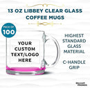 Custom Libbey Clear Glass Coffee Mugs 13 oz. Set of 100, Personalized Bulk Pack - Perfect for Coffee, Tea, Espresso, Hot Cocoa, Other Beverages - Pink Bottom by TinyTreasures Baby Boutique