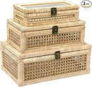 Rattan Decorative Boxes with Glass Lids, Set of 3 Sizes Boho Natural Hand-woven Cane Home Decor Organizers Storage Bins, Display Boxes Natural Finish by CozyNest Decor