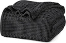 PHF 100% Cotton Waffle Weave Blanket Queen Size, Soft Lightweight Breathable Cozy Summer Blankets for Bed, Luxury Aesthetic Woven Bedding for Home Decor, 90"x90", Black