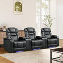 ANJ Power Home Theater Recliner Chair Set of 3, Electric Movie Theater Seating Reclining Chairs with Cup Holders for Living Room, Faux Leather with Blue LED, USB Ports, Hidden Arm Storage (Black) by CozyNest Decor