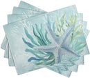 Nautical Coastal Placemats Set of 4 Ocean Coral Starfish Seagrass Beach Theme Table Mat 12x18 Inch Teal Turquoise Blue Summer Linen Fabric Place Mats for Party Kitchen Dining Outdoor Indoor Decor by CozyNest Decor