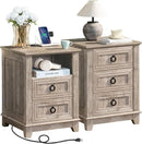 18" Farmhouse Night Stands Set of 2 with Charging Station, 2 & 3 Drawers End Table Dresser for Bedroom, Oak Wooden Nightstand, Bed Side Table with Open Shelf, Bedside Cabinet for Living Room by CozyNest Decor