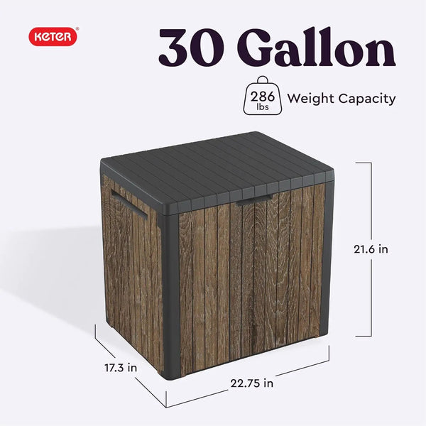 Keter Signature Everwood 30 Gallon Resin Outdoor Storage Box and Patio Furniture Side Table for Pool and Garden Accessories, Walnut, photo 2 of 6