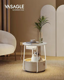 VASAGLE Side Table with Charging Station, Round End Table with Fabric Basket, LED Nightstand with Power Outlets, USB Ports, for Living Room, Bedroom, Modern, Matte White and Camel Brown ULET227W01 by CozyNest Decor