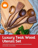 Boxiki Kitchen Luxury Teak Wood Utensil Set - Elegant 6-Piece Cooking Ensemble Including Spoons, Server, Scraper & Spatula - Expertly Crafted for Culinary Excellence by CozyNest Decor