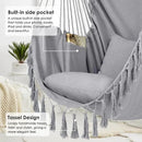 Y- STOP Hammock Chair Hanging Rope Swing, Max 500 Lbs, 2 Cushions Included, Large Macrame Hanging Chair with Pocket for Superior Comfort, with Hardware Kit (Light Grey) by GreenHaven Gardens
