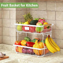 2 Tier Fruit Basket for Kitchen Counter with 2 Banana Hangers, Countertop Metal Fruit Bowl with Wooden Handle, Large Storage Stand for Vegetables, Snacks, Breads, Produce Storage – White by CozyNest Decor