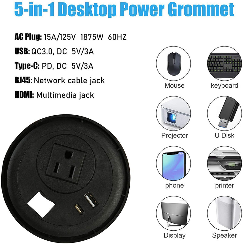 Desktop Power Grommet Outlet with USB, Recessed Power Strip with AC Outlet & USB(Type A & Type C) & Receptacle Outlet(RJ45, HDMI)