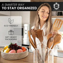 360° Rotating Kitchen Utensil Holder- 3 Compartment Organizer with Cork Bottom | Includes Premium 9-Piece Acacia Wood Utensil Set | Professional Luxury Design | Metal Utensil Crock (Matte white) by CozyNest Decor