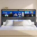 Headboard with 3-Tier Storage Shelves, Velvet Upholstered Head Board with 2 Outlets, USB Ports & LED Light, Soft Backrest for King Size Bed, Black BH19404B by CozyNest Decor