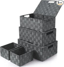 Storage Bins with Lids, Woven Storage Box Organizer Containers Decorative Baskets Cube for Clothes Bedroom Closet Office (5 Pack, Grey) by TinyTreasures Baby Boutique