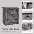 26" Tall Farmhouse Nightstand, 3 Drawers End Table w/Charging Station, 23.6" Wide Large Side Table w/Roman Column, Wood Rustic Sofa Table for Bedroom, Light Gray by CozyNest Decor