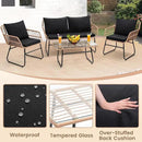 Kromax 4 Piece Patio Bistro Outdoor Furniture Set, Wicker Sofa, 2 Rattan Chairs, and Table, Backyard Conversation Set, All Weather Cushions, Natural Rattan Black Cushion by CozyNest Decor