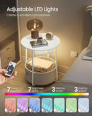 VASAGLE Side Table with Charging Station, Round End Table with Fabric Basket, LED Nightstand with Power Outlets, USB Ports, for Living Room, Bedroom, Modern, Matte White and Camel Brown ULET227W01 by CozyNest Decor