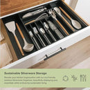 Premium Silverware, Flatware and Utensil Organizer for Kitchen Drawers, Food-Safe Contract Grade, Expandable from 14.5 to 25 In, Black Bamboo by CozyNest Decor