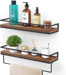 Meangood Floating Shelves Wall Mounted Set of 2, Wall Shelf with Towel Bar Rustic Wood Wall Storage Shelves for Bedroom,Living Room,Bathroom, Kitchen Rustic Brown by CozyNest Decor