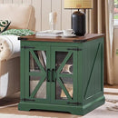 24" End Table with Charging Station, Farmhouse Night Stand with Glass Barn Door, Green Nightstands with Adjustable Storage Shelf, Large Wood Square Bed Side Table for Living Room, Bedroom by CozyNest Decor