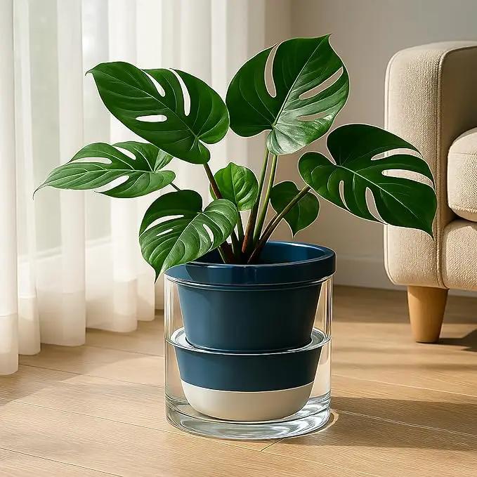 D'vine Dev 10 Inch Design Self Watering Planter for Indoor Plants, Blue Terracotta Pot with Cylinder Glass Cup, 37-X-D-4, photo 3 of 7