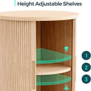LINSY HOME Round Fluted End Table, Tall Side Table with Sliding Tambour Door and Storage Shelf, Modern Bedside Table, Mid-Century Nightstand for Living Room, Bedroom, Oak by CozyNest Decor