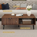 Mid Century Modern Coffee Table with Grooved Drawers & Open Storage, 47" MDF Walnut Wood Center Table with Black Solid Wood Legs, Retro Living Room Furniture by CozyNest Decor