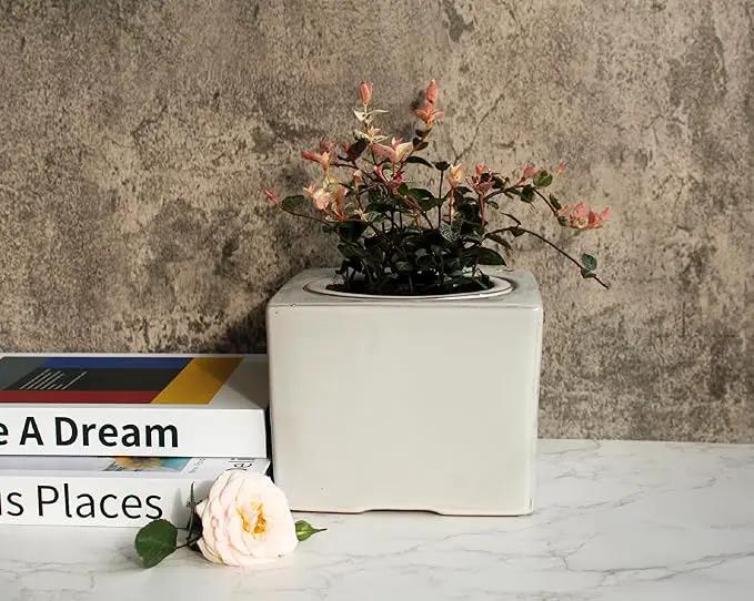 2-Pack Ceramic African Violet Self Watering Pot 6 Inch Square Pot 3.5 Inch Innter Pot Easy Fill Water Reservoir White, photo 5 of 5