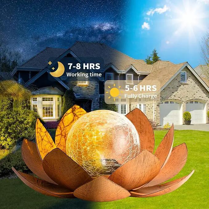 Solar Light Outdoor(2Pack), Art Crackle Globe Glass Lotus Decoration, Solar LED Waterproof Metal Flower Lights for Patio,Lawn,Walkway,Tabletop, photo 3 of 6