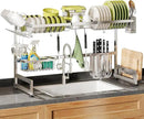 2 Tier Extra Large Stainless Steel Expandable Over The Sink Dish Drainer Drying Rack, Rust Proof Metal, Space Saving, Modern Silver Big Capacity Extendable Plate Strainers Above Kitchen Counter by CozyNest Decor