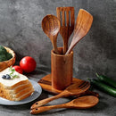 6 PCS Wooden Spoons for Cooking - Teak Wooden Cooking Utensils Set with Holder - Non-Stick, Soft Grip, Ergonomic Design - Natural Finish by CozyNest Decor