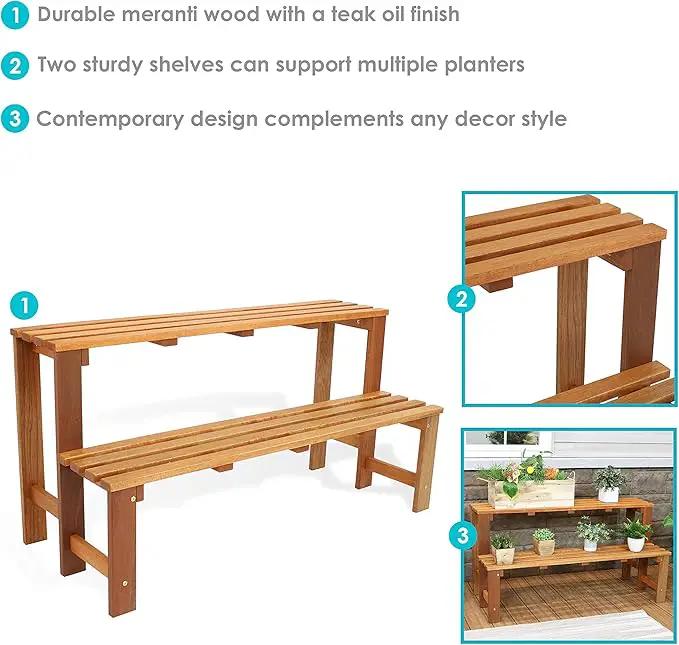 Sunnydaze 2-Tier Meranti Outdoor Wood Plant Stand - Indoor Plant Bench with Teak Oil Finish - 24-Inch, photo 3 of 9