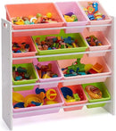 Amazon Basics Kids Toy Storage Organizer With 12 Plastic Bins, White Wood With Pink Bins, 10.9" D x 33.6" W x 31.1" H by CozyNest Decor