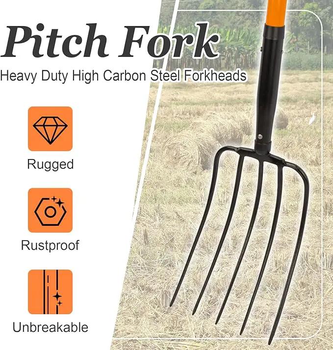 5 Tine Pitchfork for Gardening, Heavy Duty Pitchfork with Fiberglass Handle, Garden Fork for Mulching, 58 Inches, photo 2 of 7