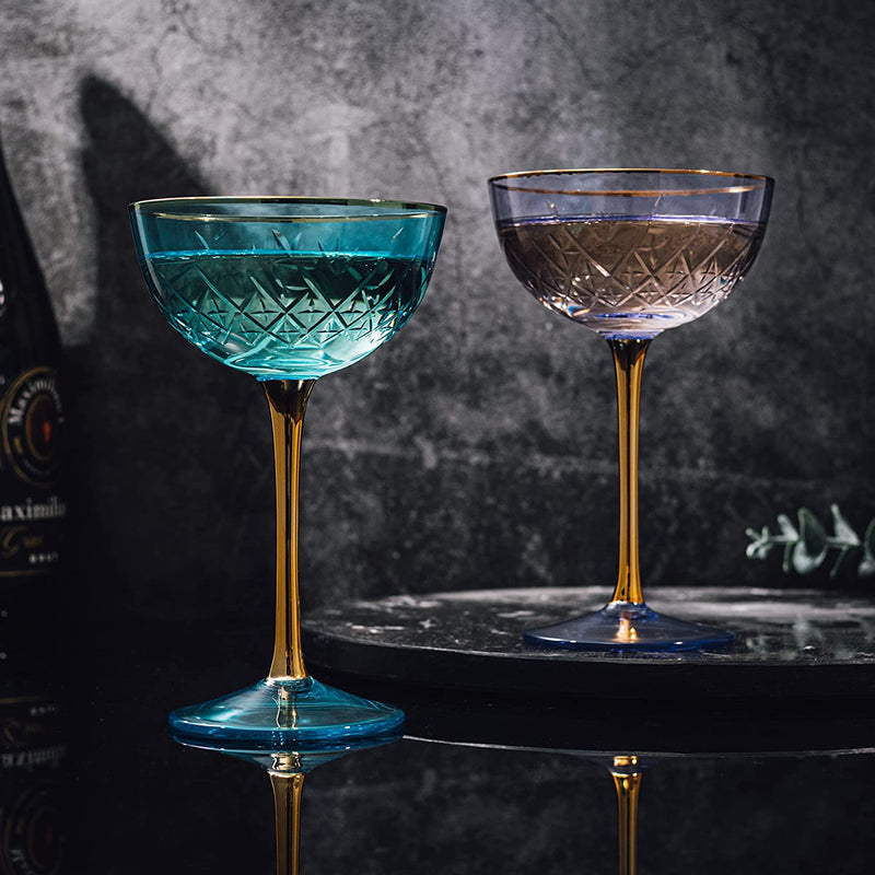 Vintage Art Deco Coupe for Champagne, Martini, Cocktails, Glasses | Set of 6 | 7 oz Classic Cocktail Glassware - Manhattan, Cosmopolitan, Sidecar, Crystal Speakeasy Style Saucer Goblets with Stems