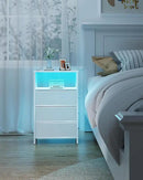 TUTOTAK Narrow LED Night Stand with Charging Station, Slim End Table with Plugins, Tall Side Table with 3 Fabric Drawer, Small Bedside Table with Storage, Set of 2, for Living Room, White TB01BW073L by CozyNest Decor