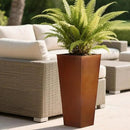 Worth Garden 28" H. Large Metal Planter Set of 2, Classic Matte Bronze Retro Finish Tall Square Tapered Steel Flower Plant Pots for Indoor & Outdoor Use - Insert Plate with Drain Holes, Air Vents by CozyNest Decor