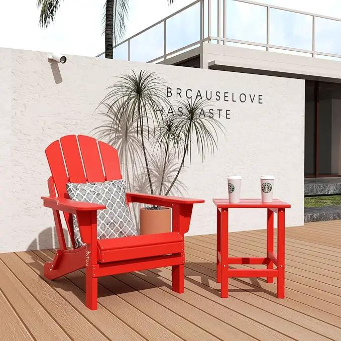 WO Home Furniture Adirondack Chair Table Set of 2 PCS Outdoor Folding Chair w Side Table Weather/UV Resistant for Lawn, Garden, Bon Fire, Balcony (Red), photo 3 of 10