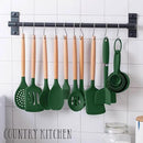 Country Kitchen Non Stick Silicone Utensil Set with Rounded Wood Handles for Cooking and Baking, 38 Piece Set, Green by CozyNest Decor