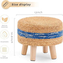 Handwoven Round Ottoman, Natural Water Hyacinth Outdoor Patio Pouf Seagrass Low Stool with Wood Legs, Soft Padded Footrest for Living Room Bedroom Garden, Blue by CozyNest Decor