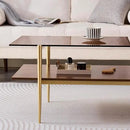 Rectangle Coffee Table, Mid-Century Modern Design, L41 W21 x H17, for Living Room, 2-Tier Structure, Amber Glass Top and Walnut MDF Shelf, Sleek Conical Metal Legs with Gold Finish by CozyNest Decor